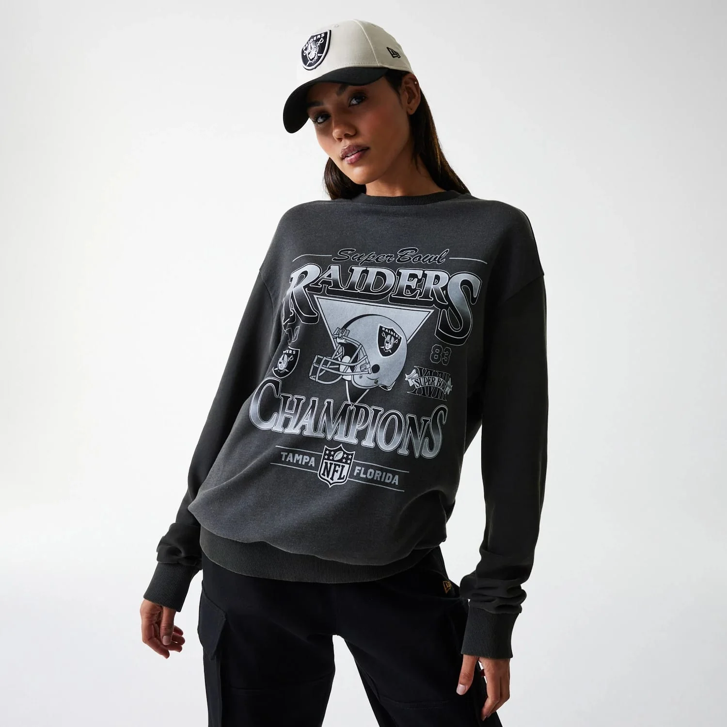 Las Vegas Raiders NFL Washed Super Bowl Grey Oversized Crew Neck Sweater - Image 4