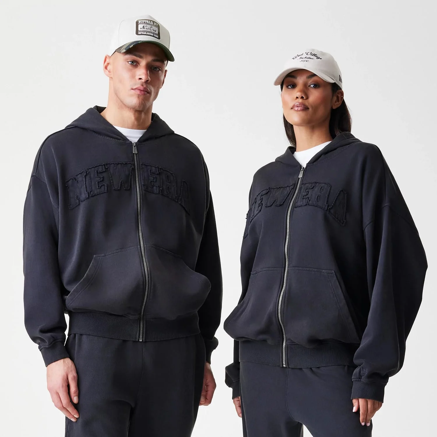 New Era Washed Black Oversized Full Zip Hoodie