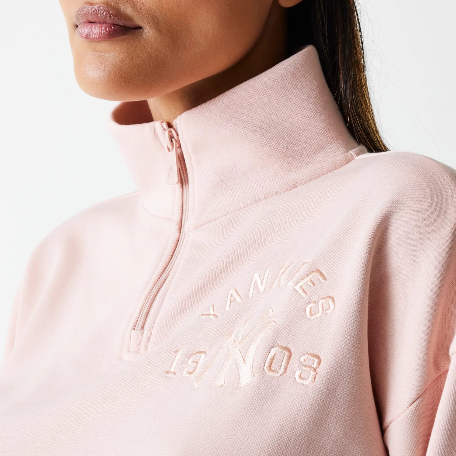 New York Yankees Womens MLB Tonal Pastel Pink Cropped 1/4 Zip Sweater - Image 4