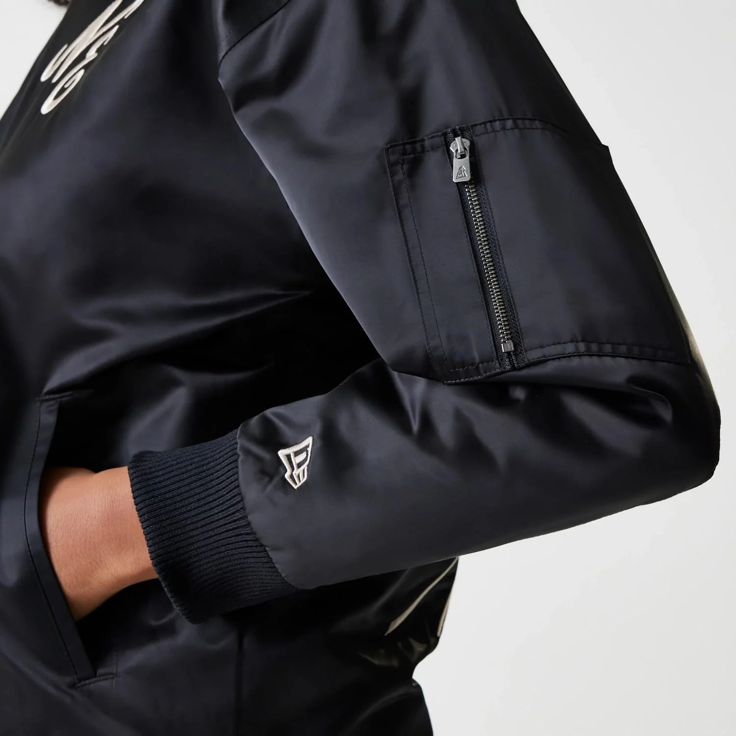 Womens New Era Black Satin Bomber Jacket - Image 7