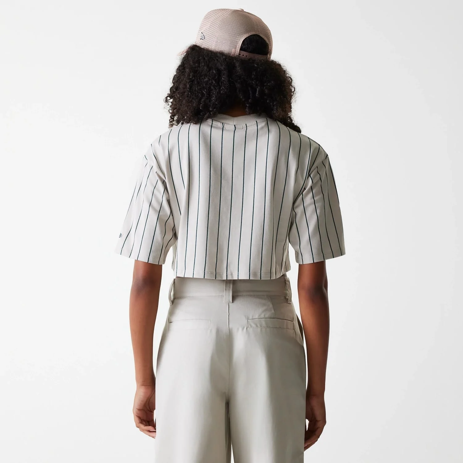 Womens New Era Pinstripe Light Beige Crop T-Shirt - Image 2