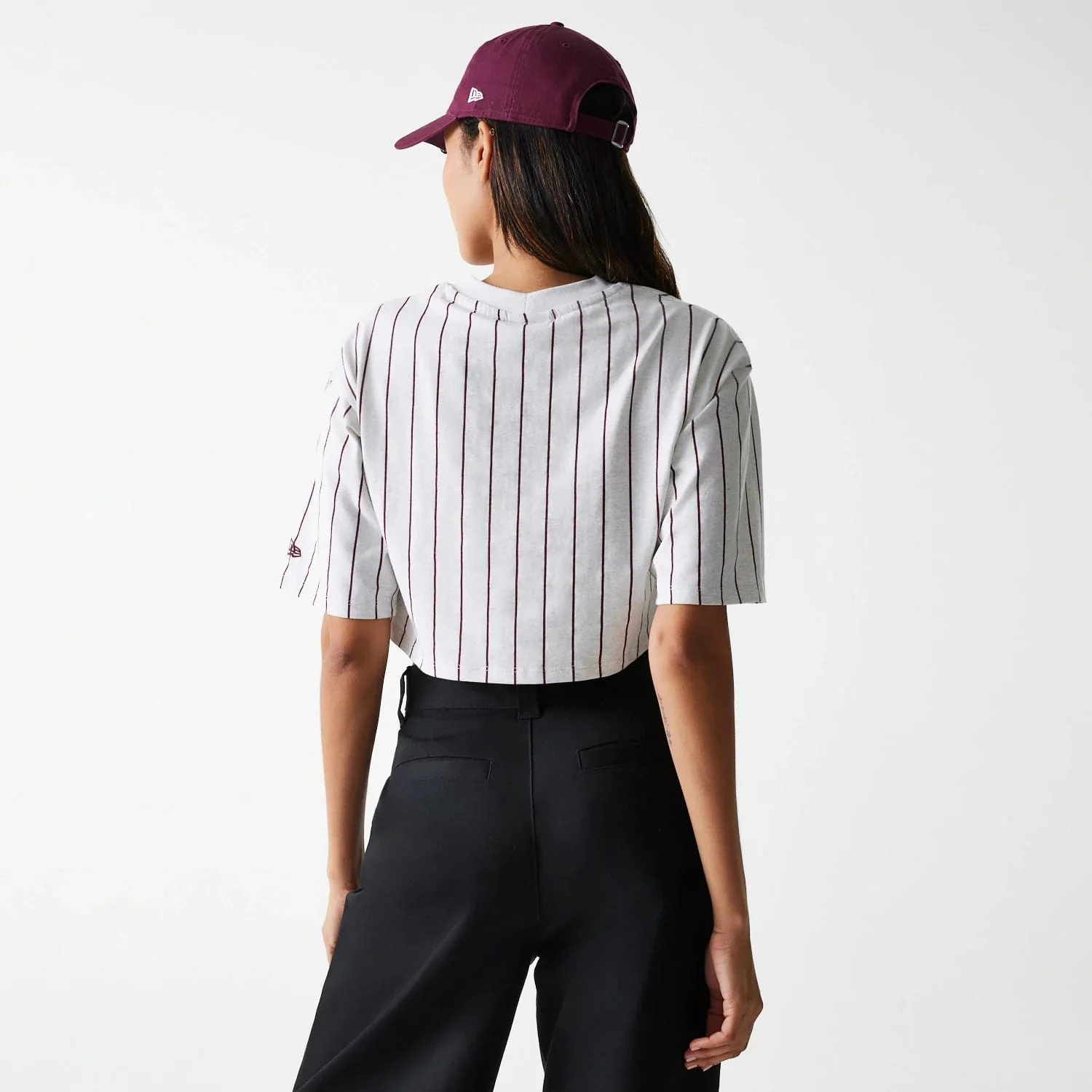 Womens New Era Pinstripe Pastel Grey Crop T-Shirt - Image 2